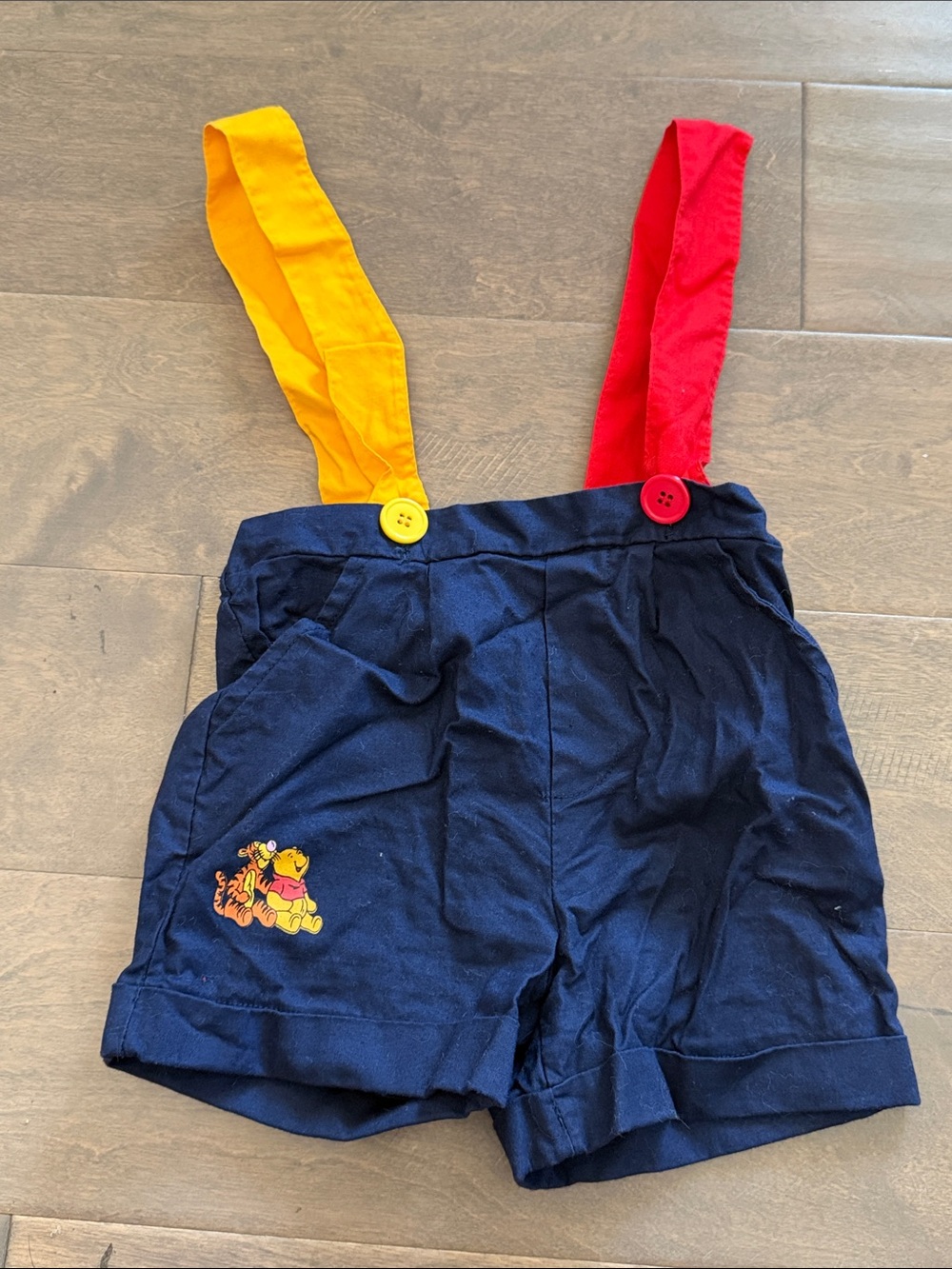 Vintage Pooh Navy Shorts with Red & Yellow Suspenders